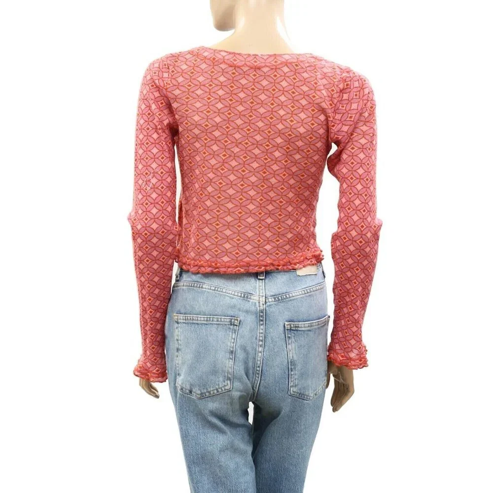 Free People Garner Long Sleeve Tee Blouse Top Cotton Print Ruffle L New